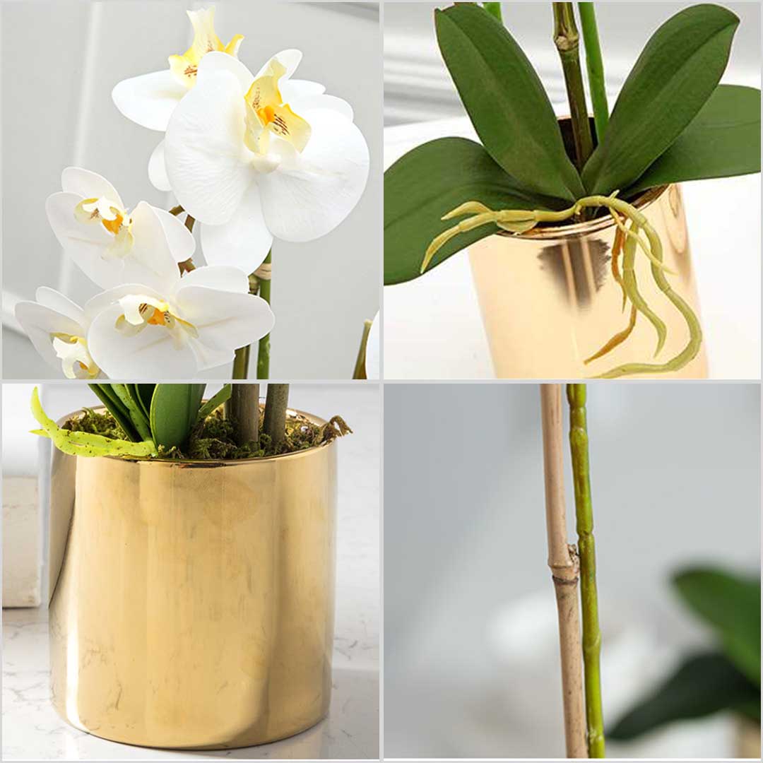 SOGA White Artificial Fake Orchid Flower in Copper Metal Vase Set