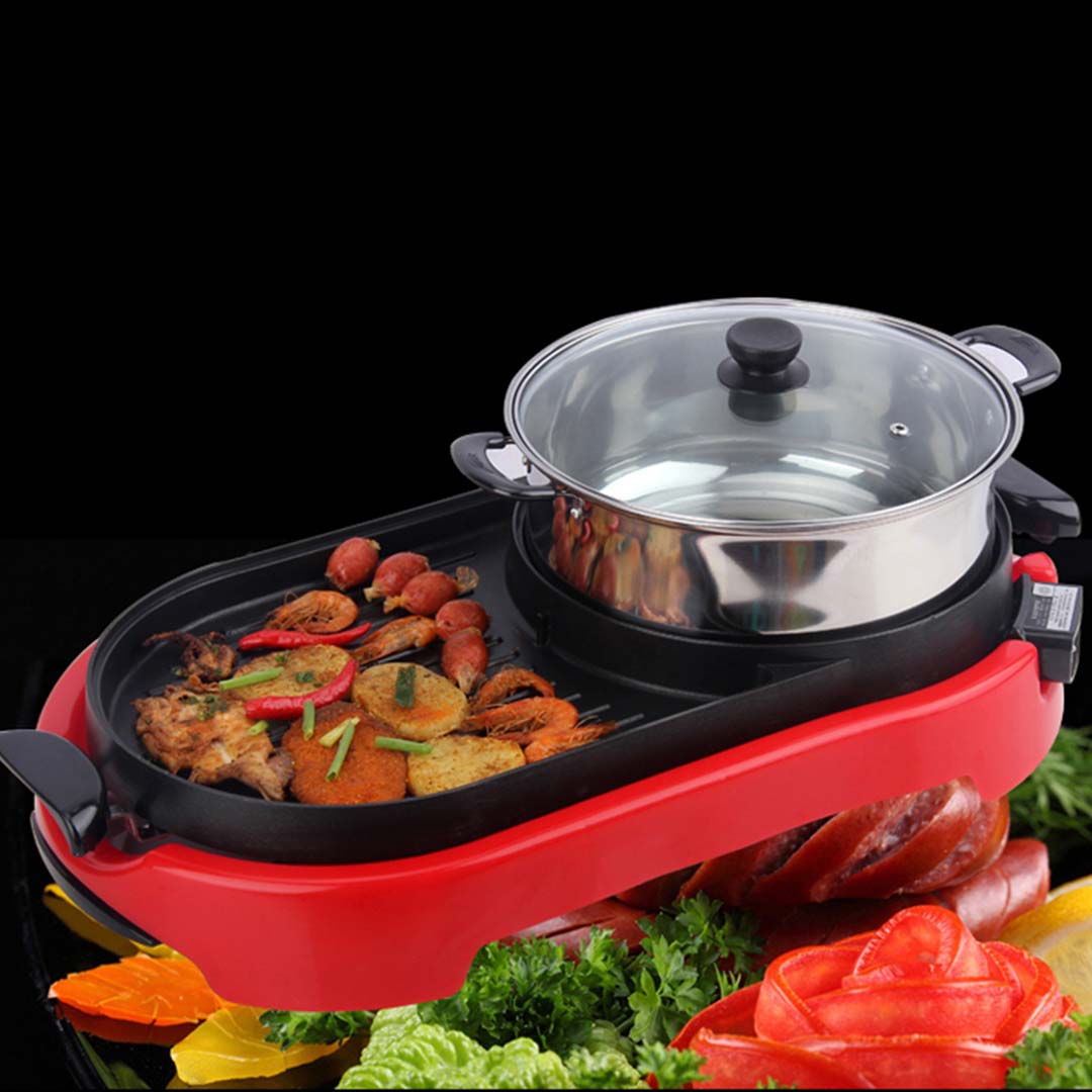 SOGA 2X 2 in 1 BBQ Electric Pan Grill Teppanyaki Stainless Steel Hot Pot Steamboat Red