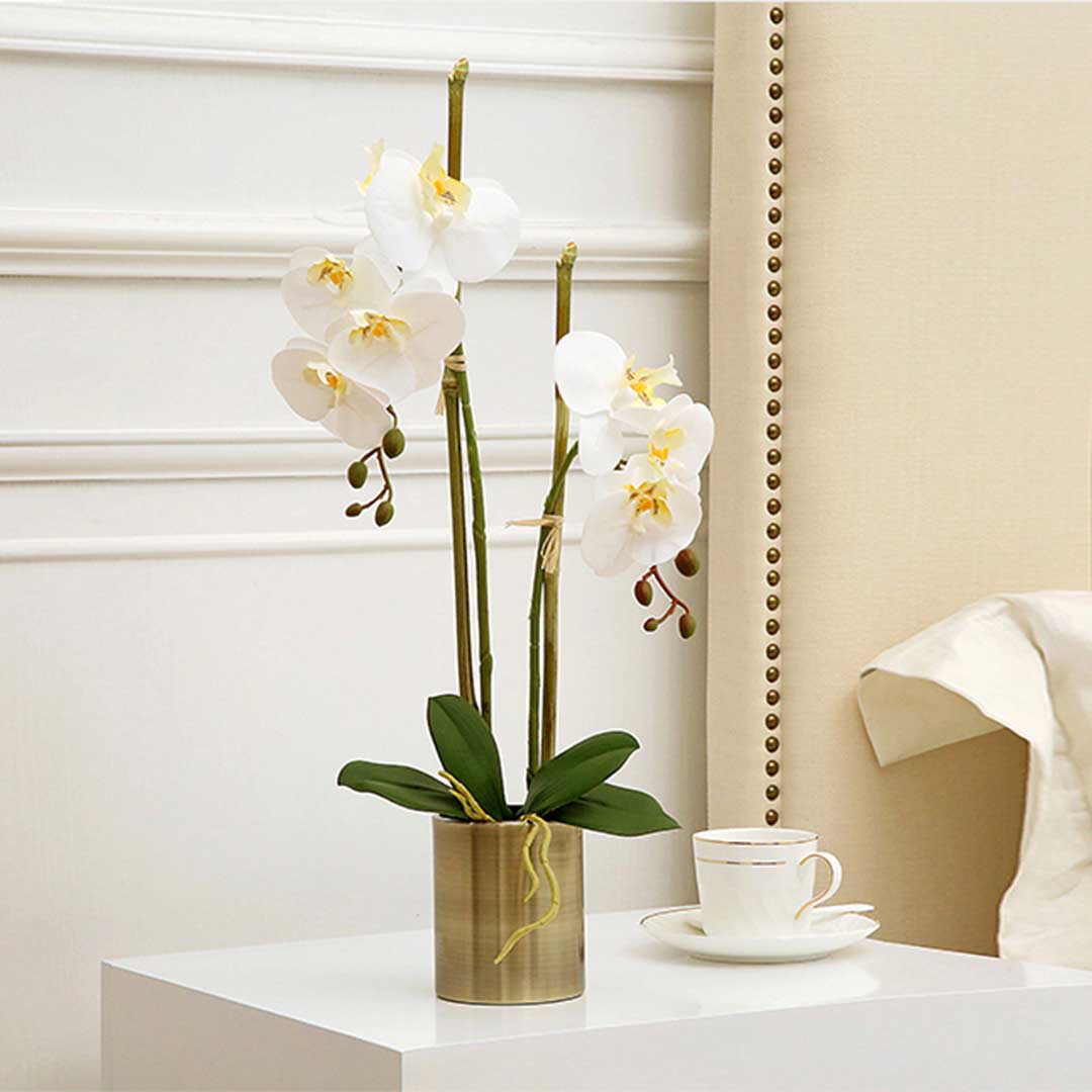 SOGA White Artificial Fake Orchid Flower in Copper Metal Vase Set