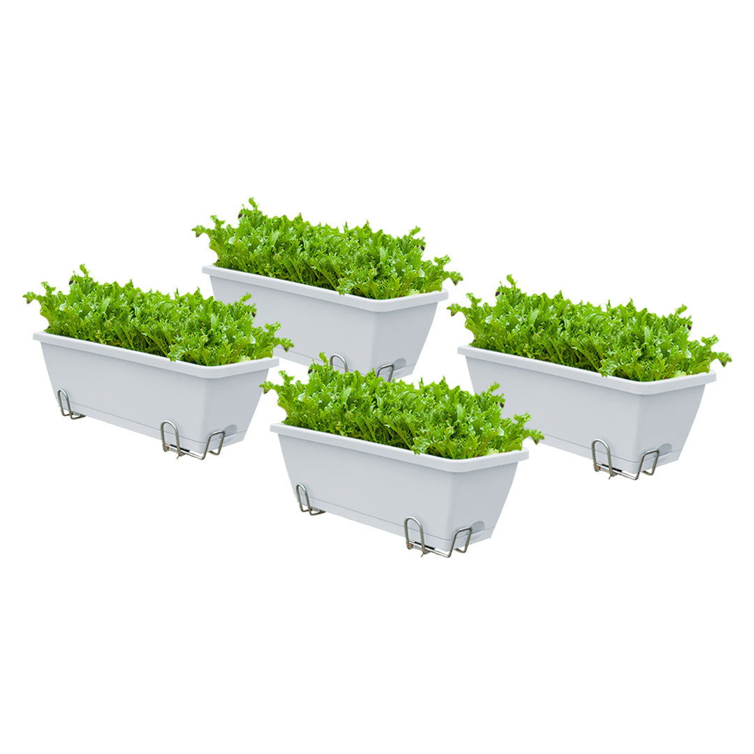 SOGA 49.5cm White Rectangular Planter Vegetable Herb Flower Outdoor Plastic Box with Holder Balcony Garden Decor Set of 4