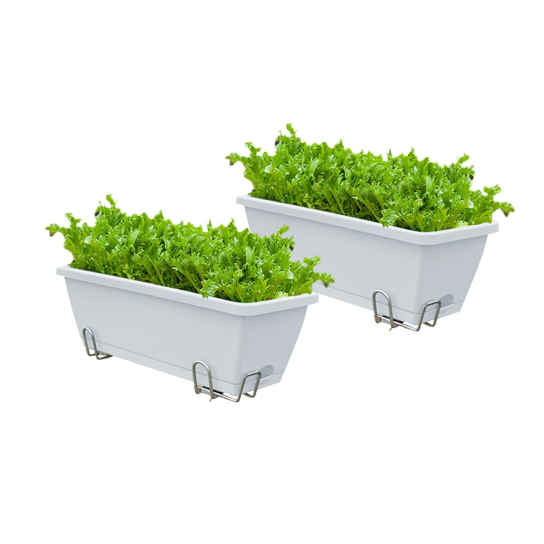 SOGA 49.5cm White Rectangular Planter Vegetable Herb Flower Outdoor Plastic Box with Holder Balcony Garden Decor Set of 2