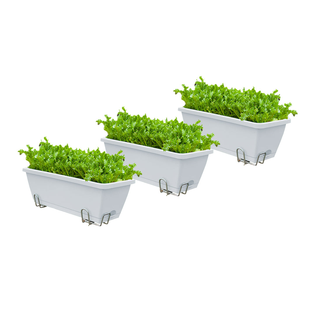 SOGA 49.5cm White Rectangular Planter Vegetable Herb Flower Outdoor Plastic Box with Holder Balcony Garden Decor Set of 3