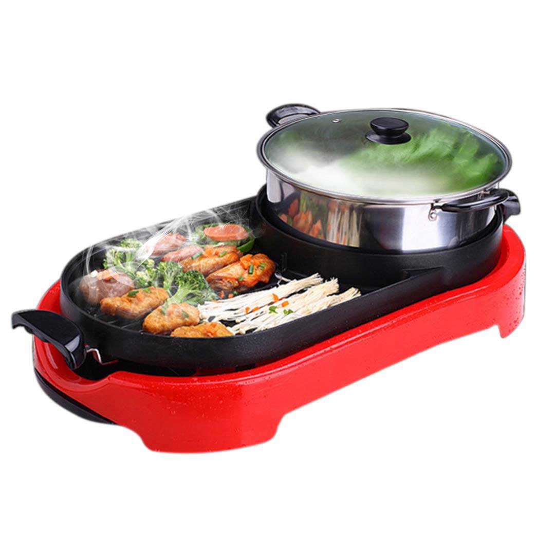 SOGA 2 in 1 BBQ Electric Pan Grill Teppanyaki Stainless Steel Hot Pot Steamboat Red