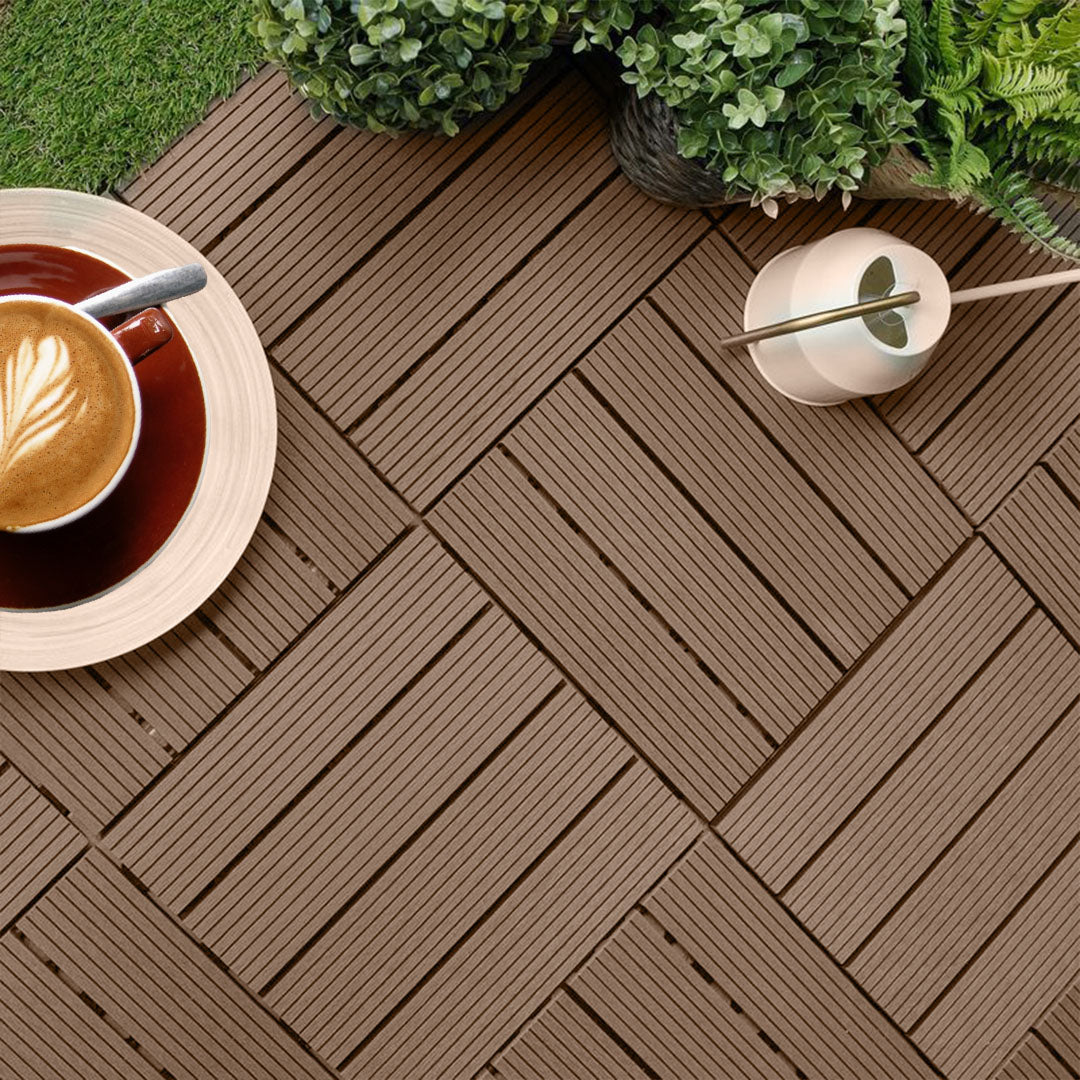 SOGA 11 pcs Light Chocolate DIY Wooden Composite Decking Tiles Backyard Flooring