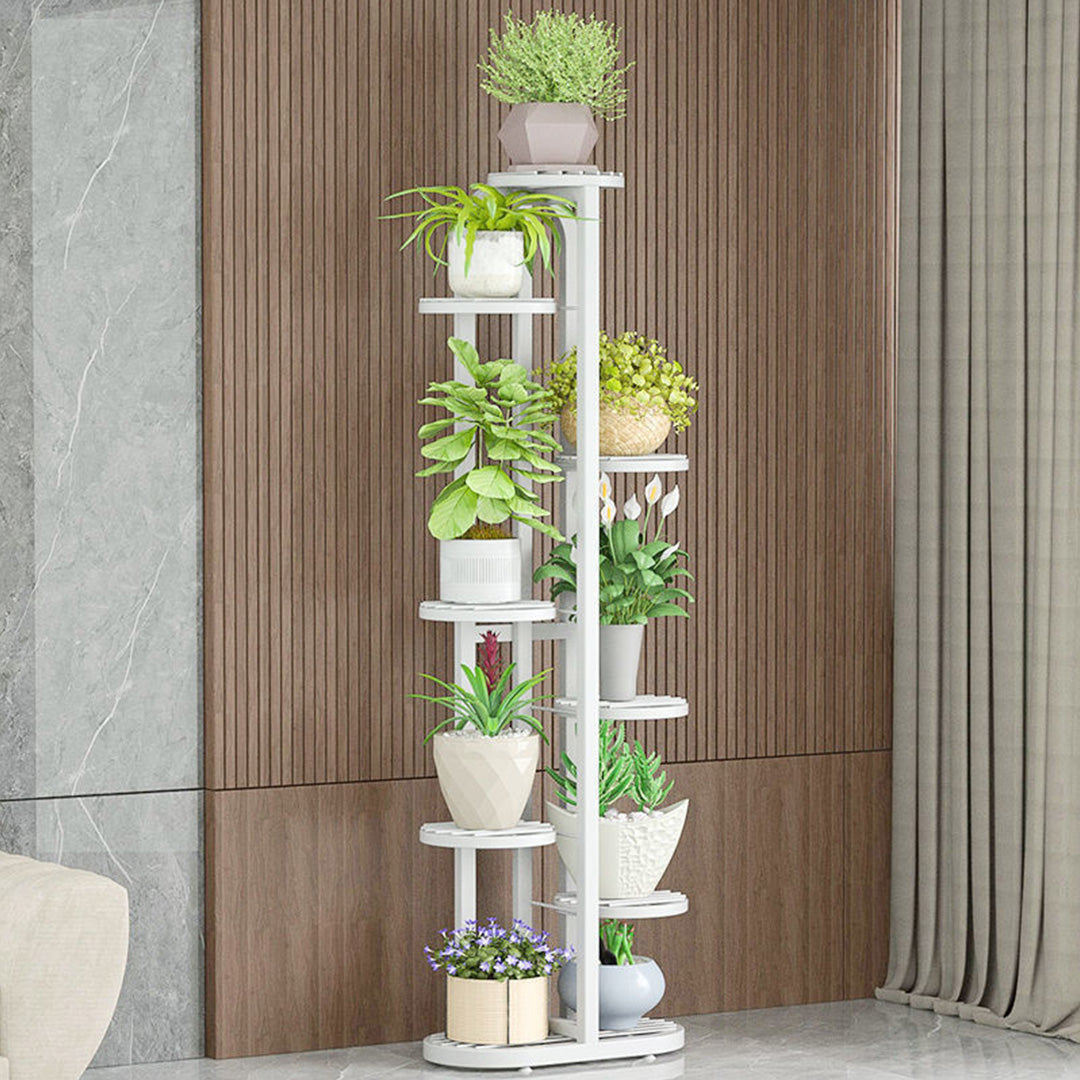 SOGA 8 Tier 9 Pots White Round Metal Plant Rack Flowerpot Storage Display Stand Holder Home Garden Decor