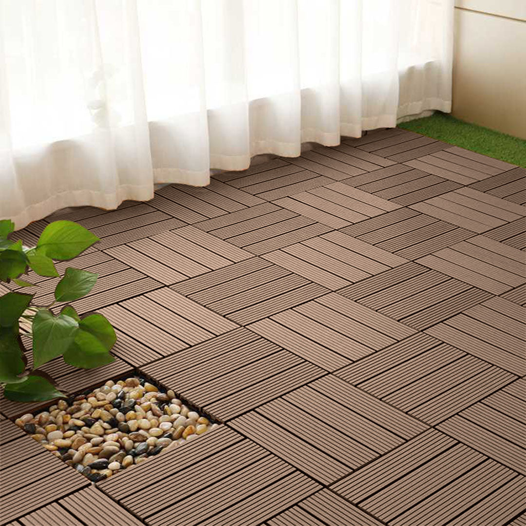 SOGA 11 pcs Light Chocolate DIY Wooden Composite Decking Tiles Backyard Flooring