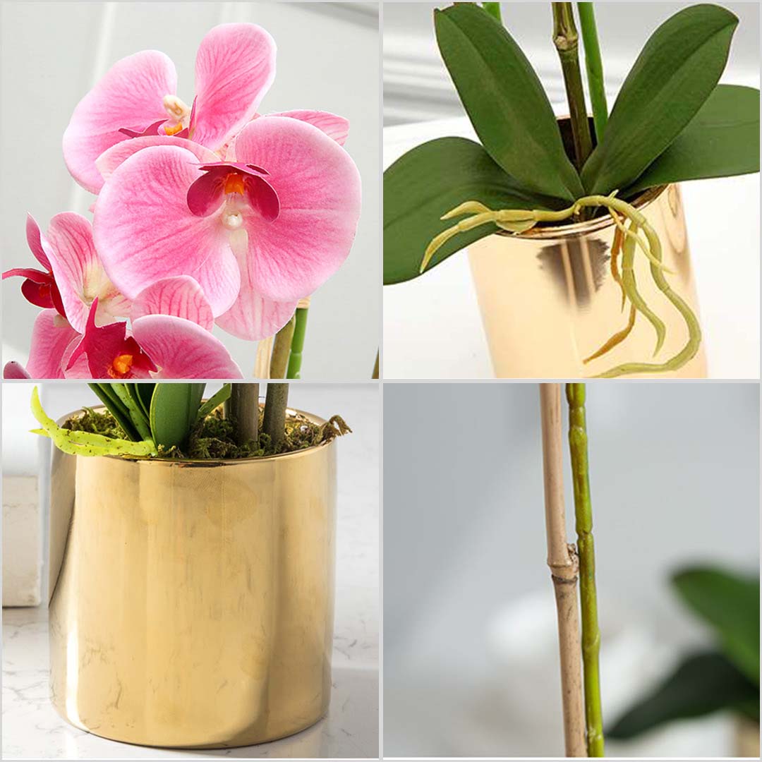 SOGA 2X Pink Artificial Fake Orchid Flower in Copper Metal Vase Set