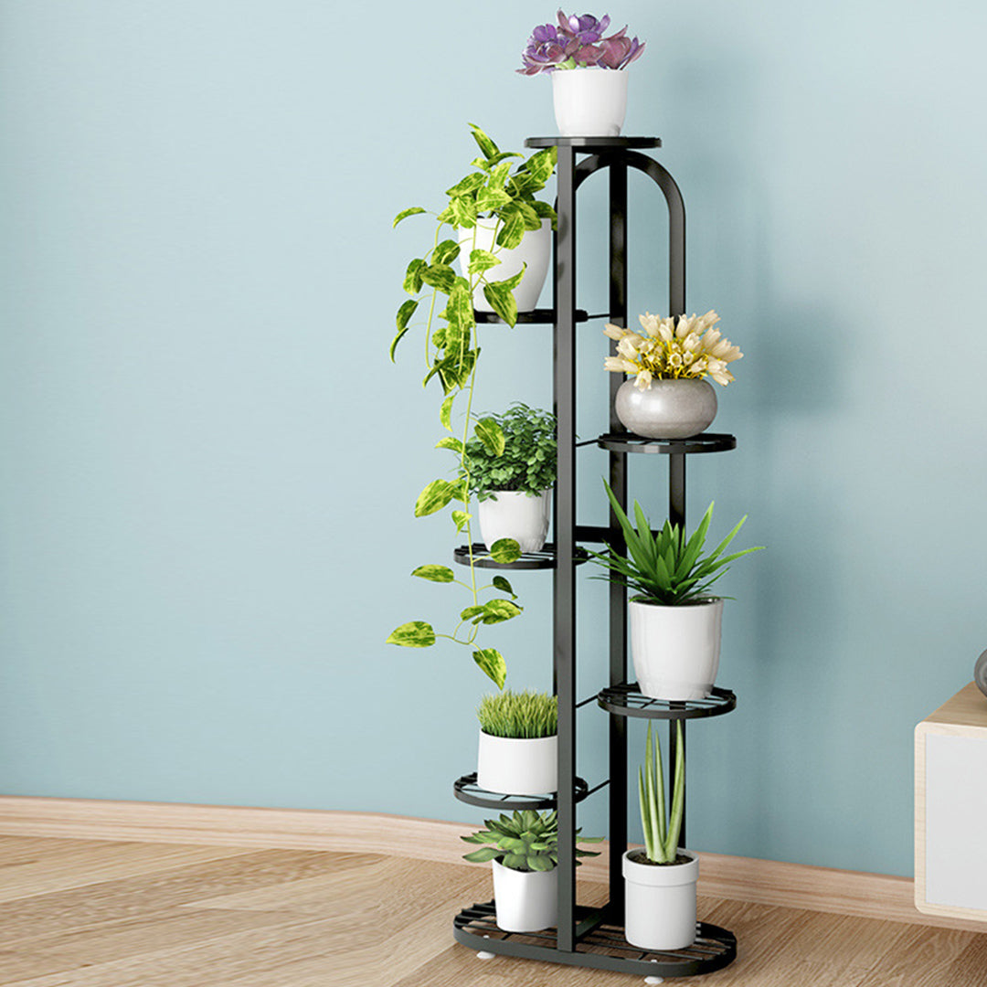 SOGA 7 Tier 8 Pots Black Round Metal Plant Rack Flowerpot Storage Display Stand Holder Home Garden Decor