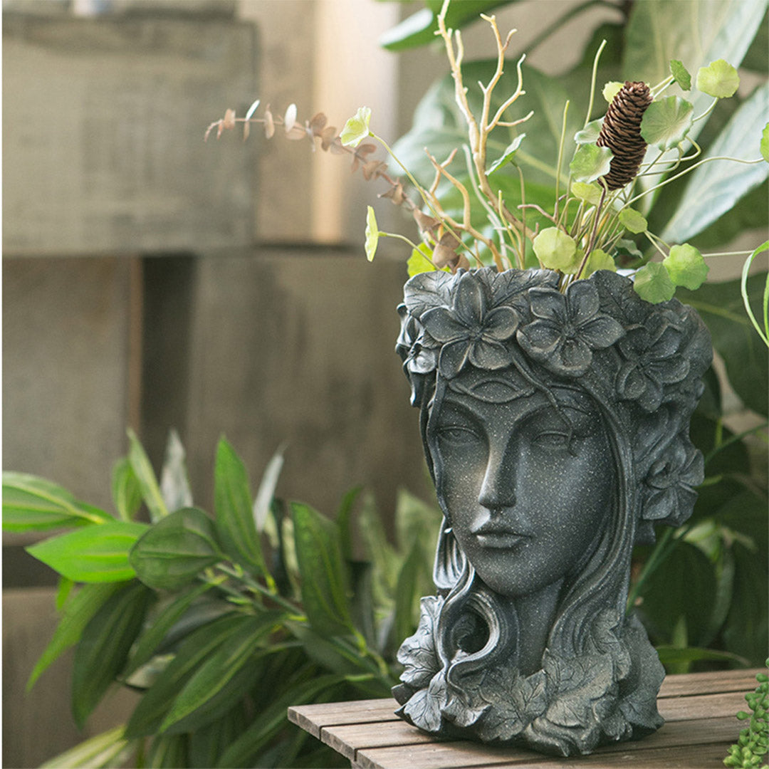 SOGA Resin Black Creative Goddess Head Statue Planter Bonsai Flower Succulent Pot Decor