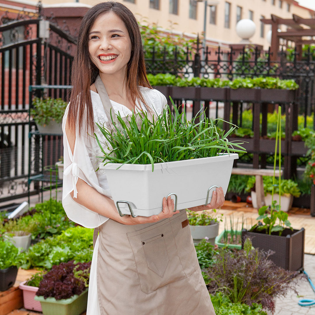 SOGA 49.5cm White Rectangular Planter Vegetable Herb Flower Outdoor Plastic Box with Holder Balcony Garden Decor Set of 2