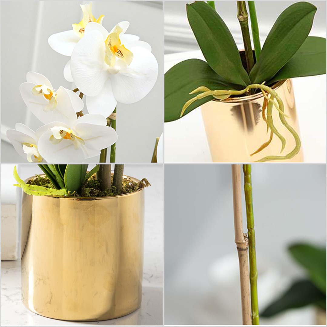 SOGA 2X White Artificial Fake Orchid Flower in Copper Metal Vase Set