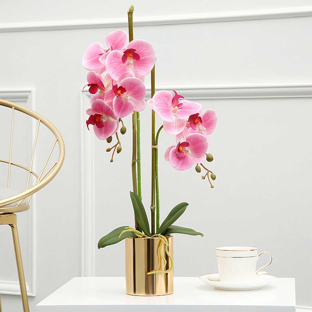 SOGA Pink Artificial Fake Orchid Flower in Copper Metal Vase Set