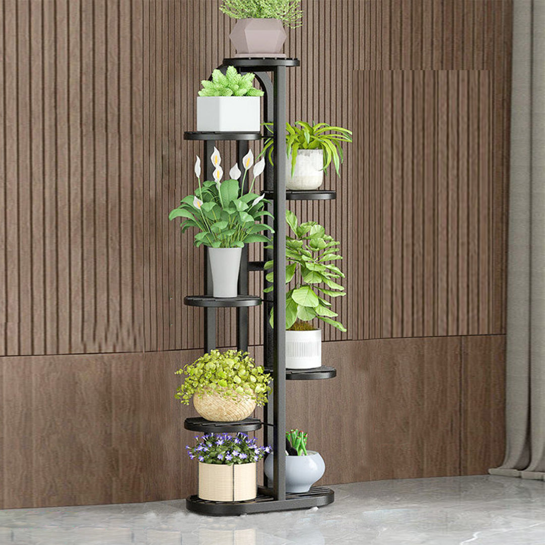 SOGA 2X 7 Tier 8 Pots Black Round Metal Plant Rack Flowerpot Storage Display Stand Holder Home Garden Decor