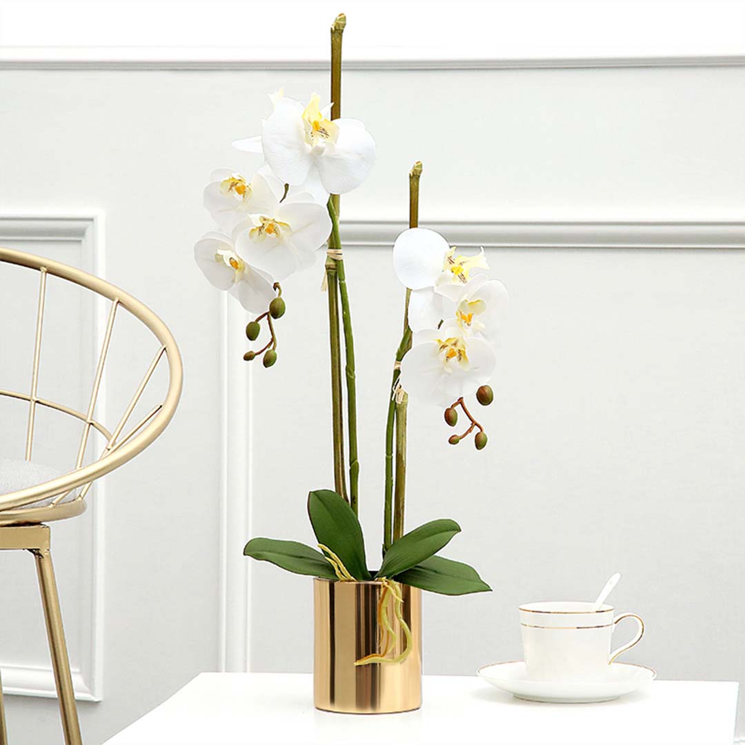 SOGA 2X White Artificial Fake Orchid Flower in Copper Metal Vase Set