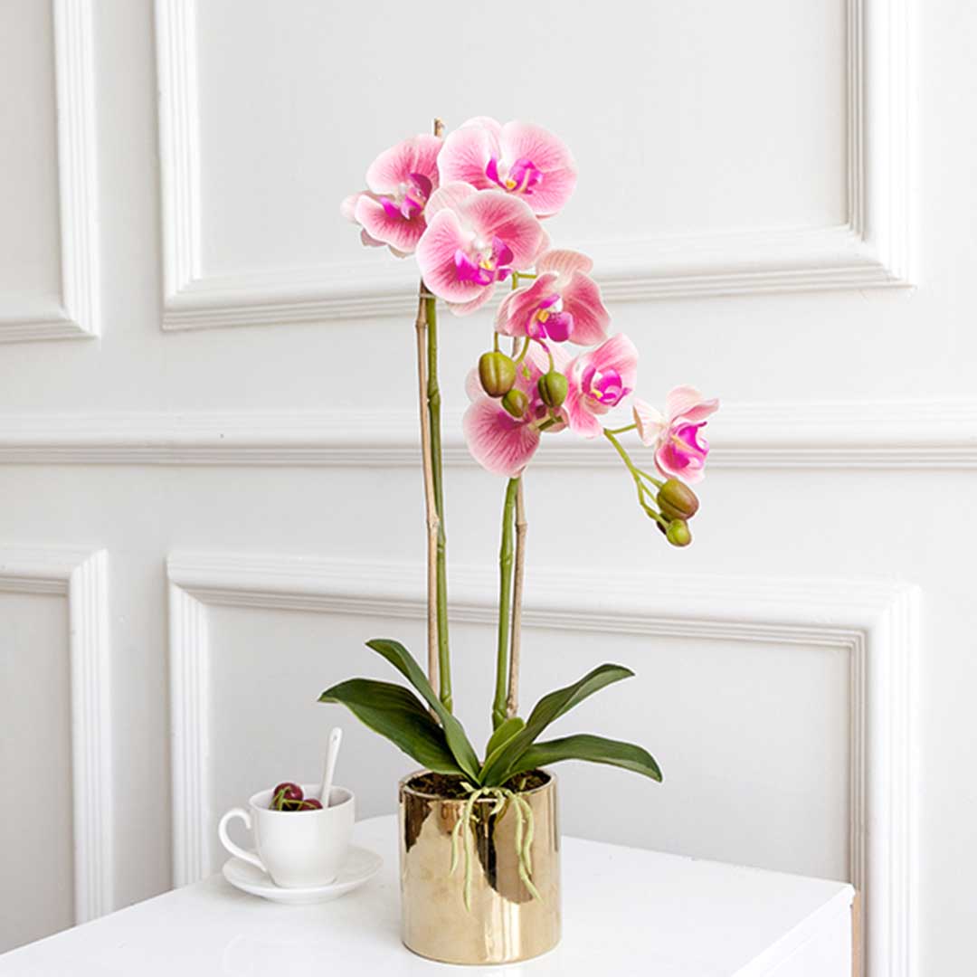 SOGA Pink Artificial Fake Orchid Flower in Copper Metal Vase Set