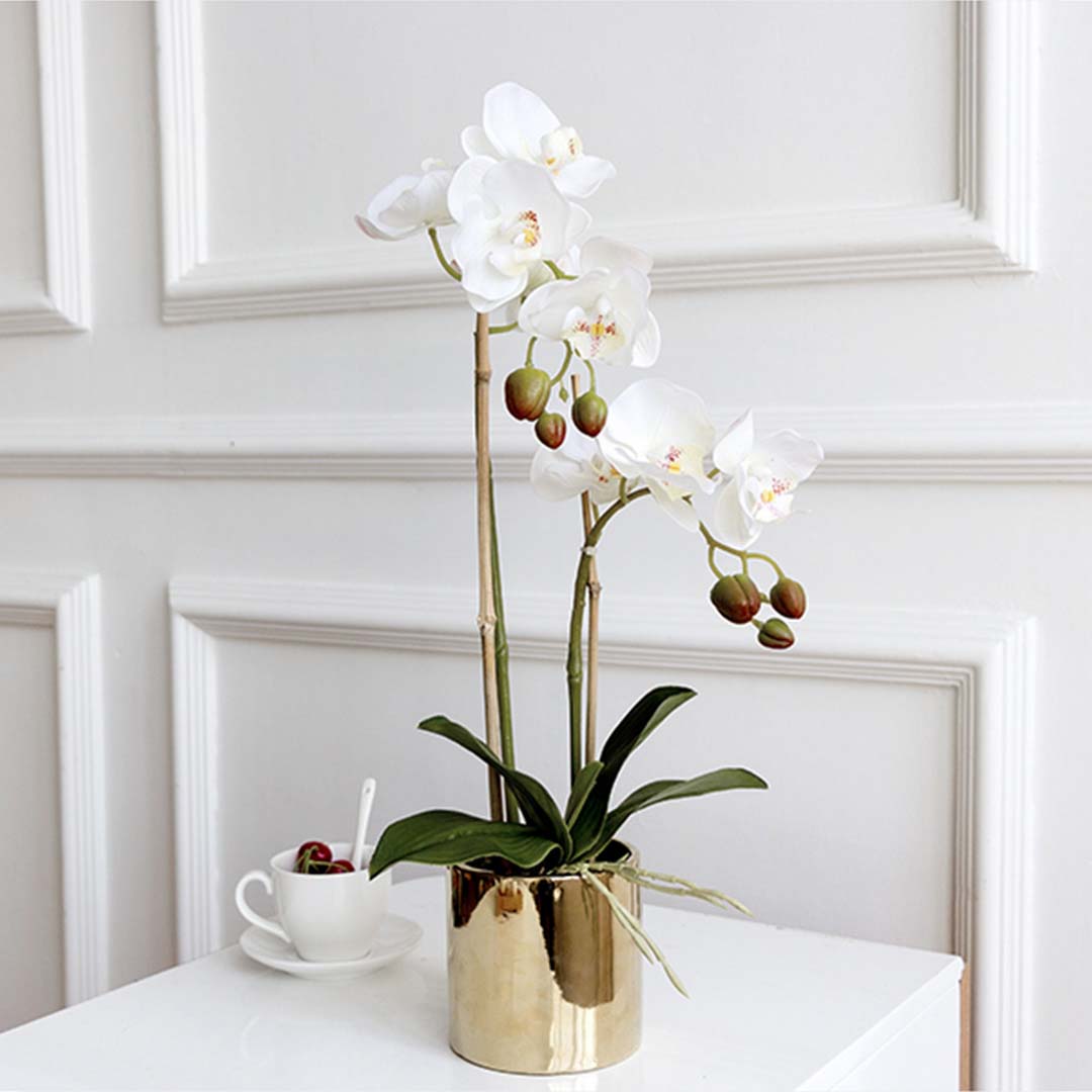 SOGA 2X White Artificial Fake Orchid Flower in Copper Metal Vase Set