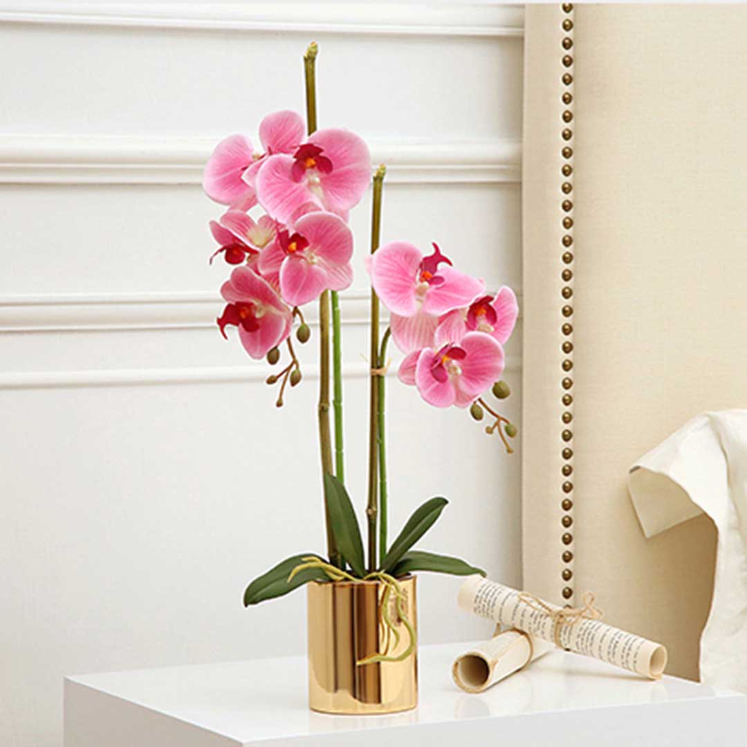 SOGA Pink Artificial Fake Orchid Flower in Copper Metal Vase Set