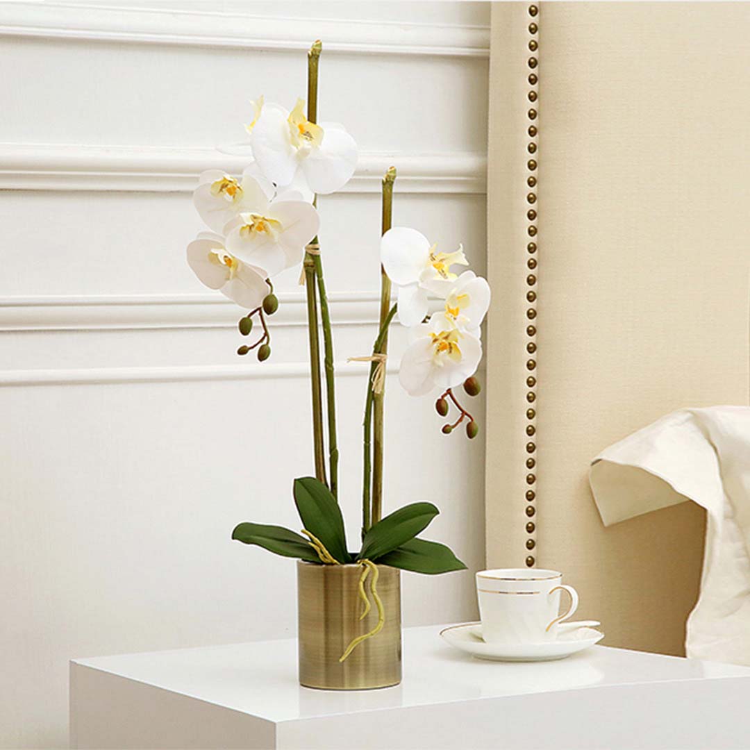 SOGA 2X White Artificial Fake Orchid Flower in Copper Metal Vase Set