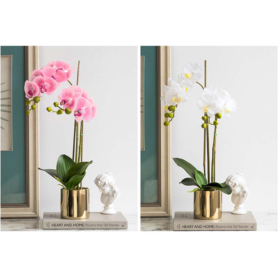 SOGA 2X White Artificial Fake Orchid Flower in Copper Metal Vase Set