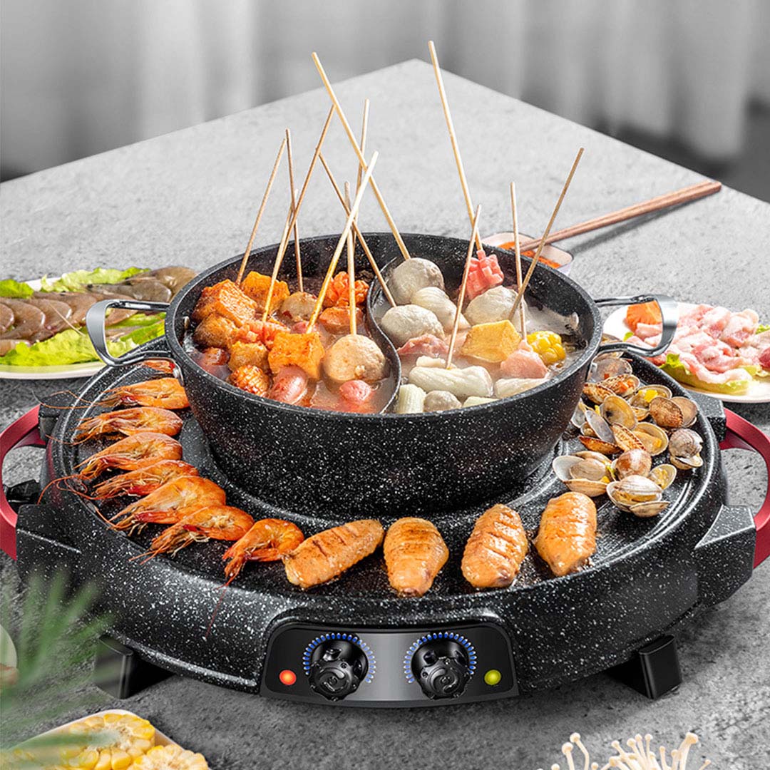 SOGA 2X 2 in 1 Electric Stone Coated Grill Plate Steamboat Two Division Hotpot