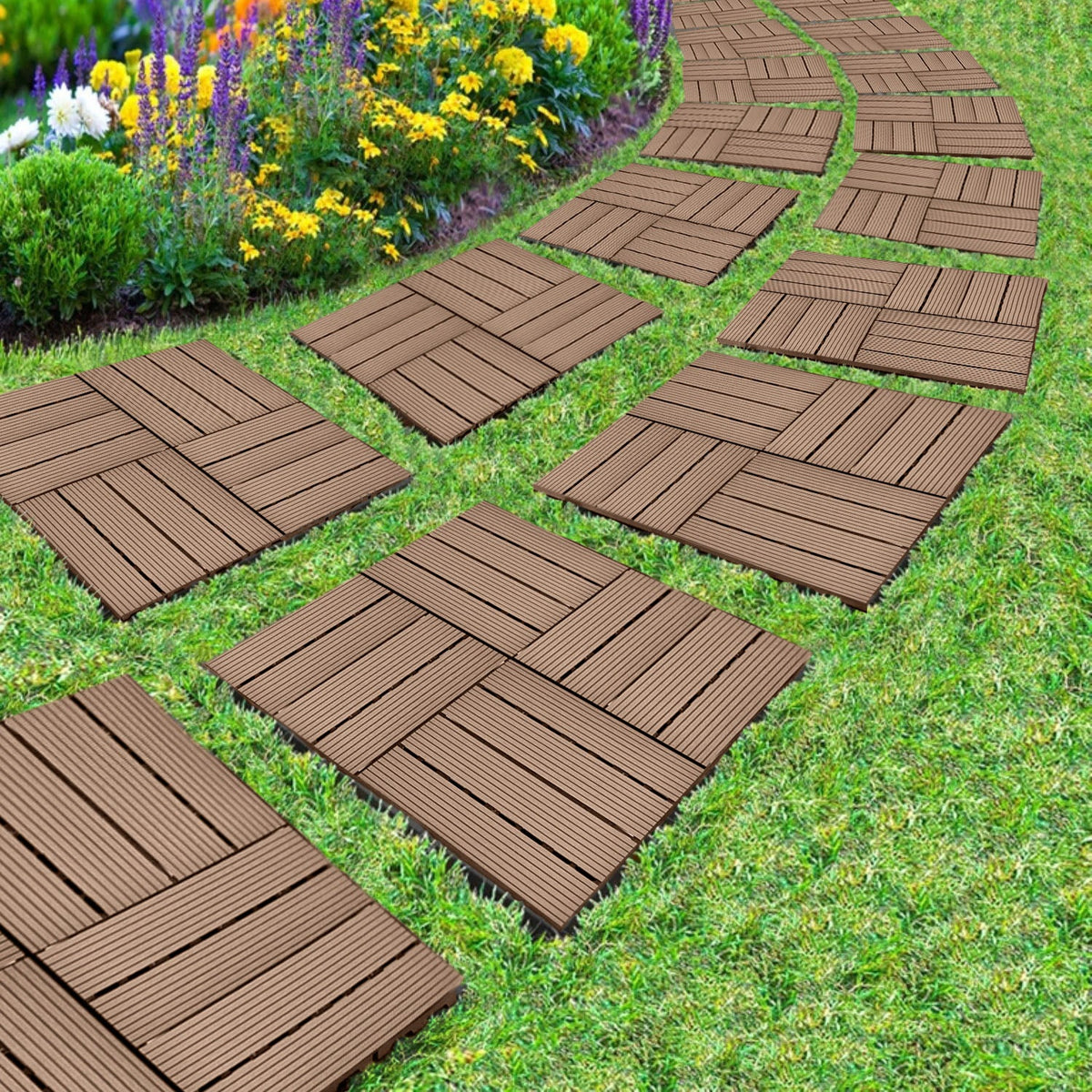 SOGA 11 pcs Light Chocolate DIY Wooden Composite Decking Tiles Backyard Flooring