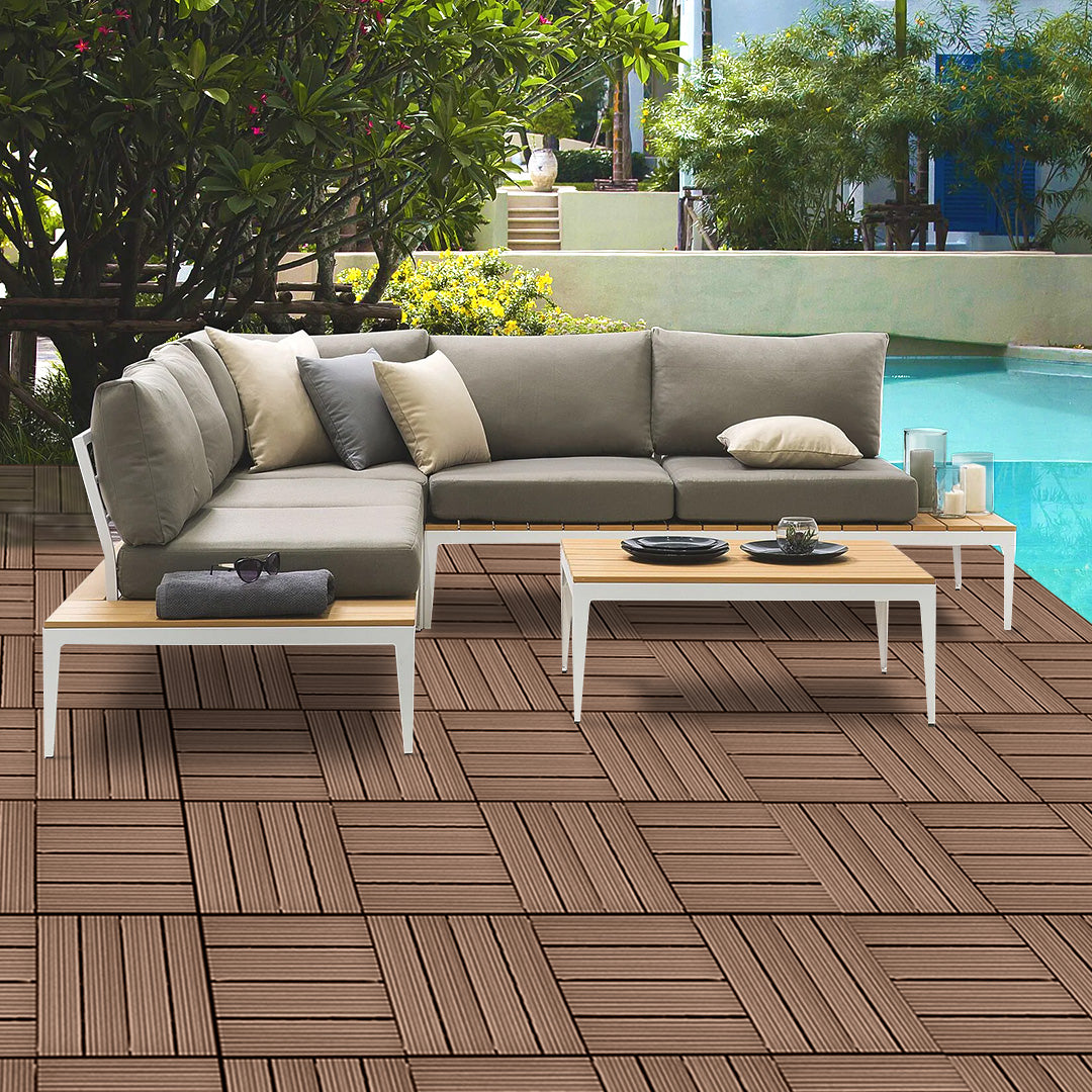 SOGA 11 pcs Light Chocolate DIY Wooden Composite Decking Tiles Backyard Flooring