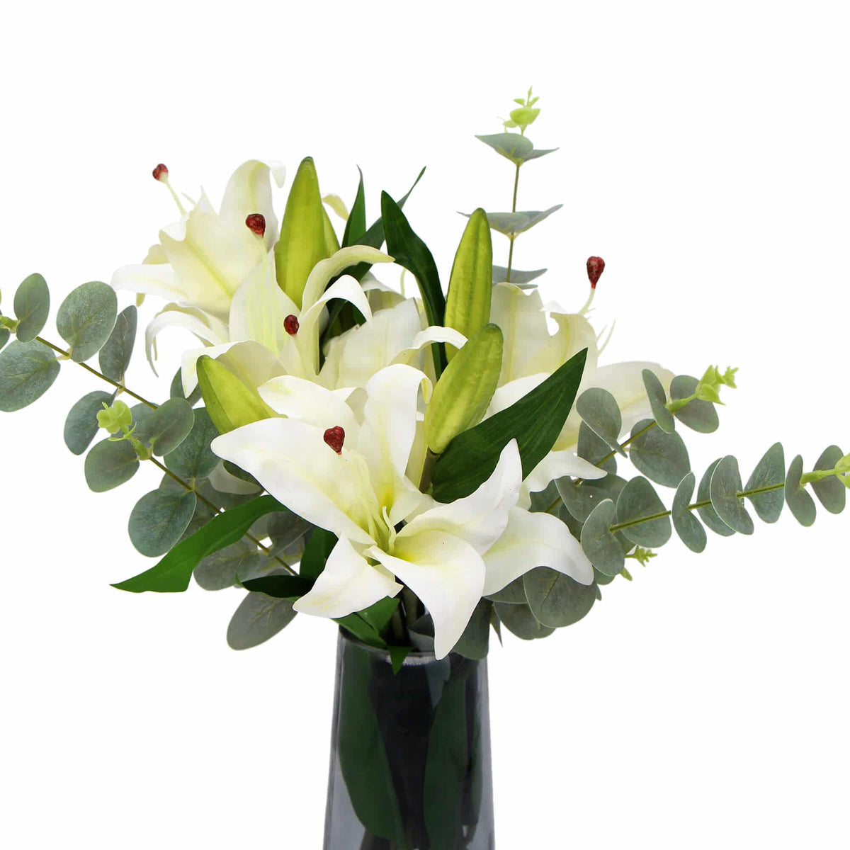 Premium Faux White Lily in Glass Vase (Tiger Lily Bouquet with Eucalyptus)