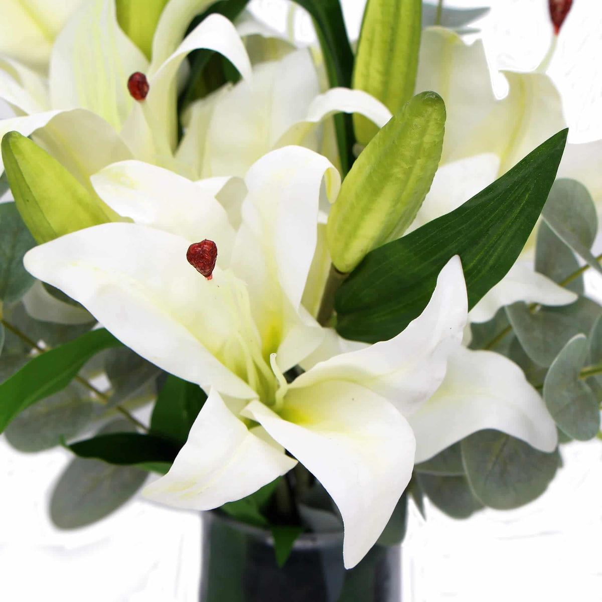 Premium Faux White Lily in Glass Vase (Tiger Lily Bouquet with Eucalyptus)