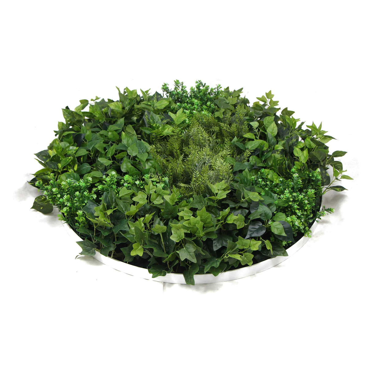 Slimline Artificial Green Wall Disc Art 100cm Mixed Green Fern (Fresh White)