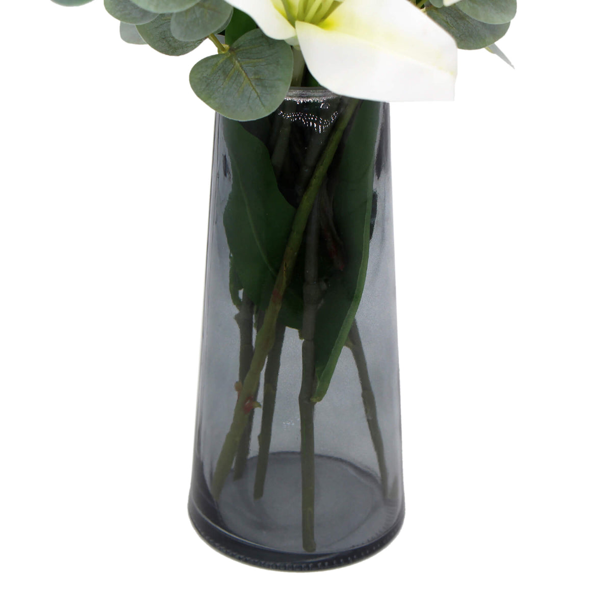 Premium Faux White Lily in Glass Vase (Tiger Lily Bouquet with Eucalyptus)