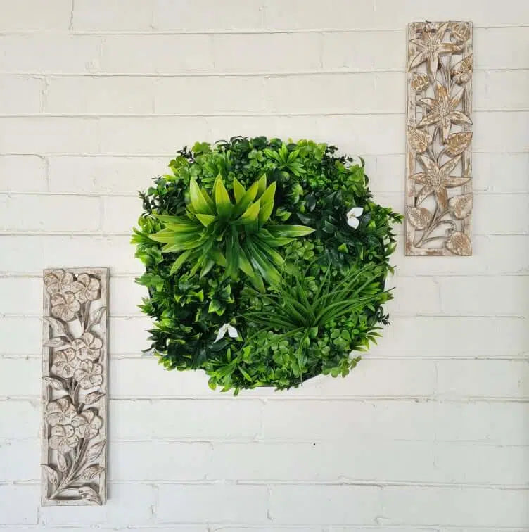 Flowering White Artificial Green Wall Disc UV Resistant 50cm Frame