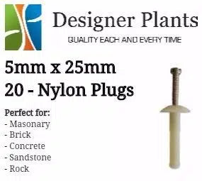 5mm x 25mm Nylon Plug (Masonry Surfaces) - 20 Pieces