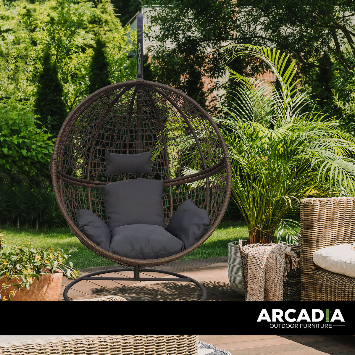 Arcadia Egg Chair Wicker Rattan Circular - Brown and Grey