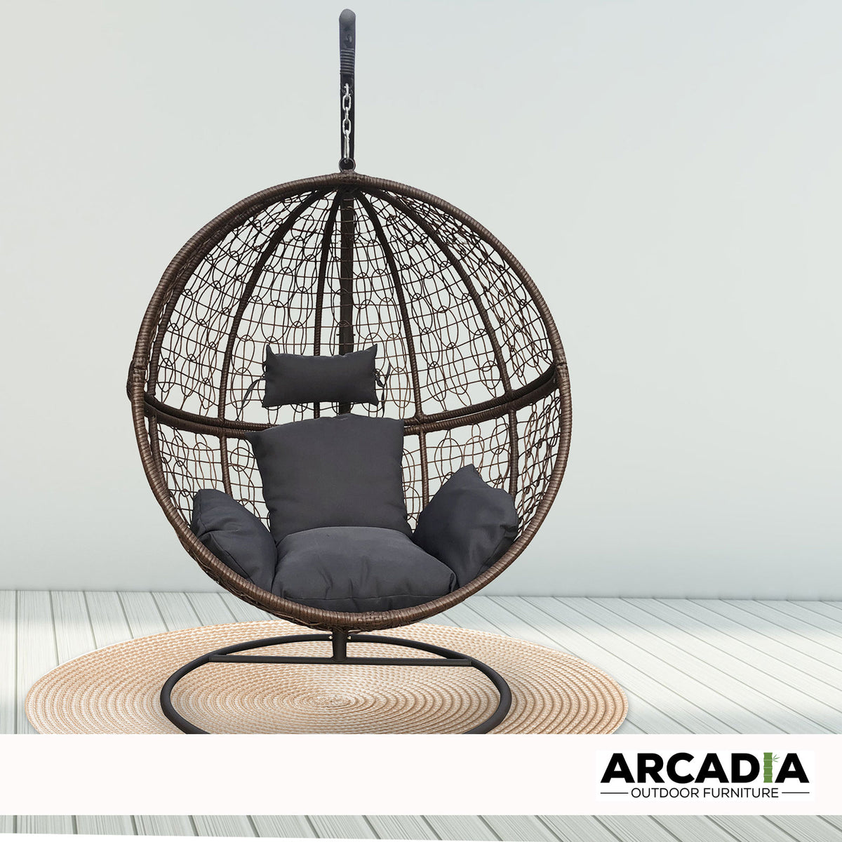 Arcadia Egg Chair Wicker Rattan Circular - Brown and Grey