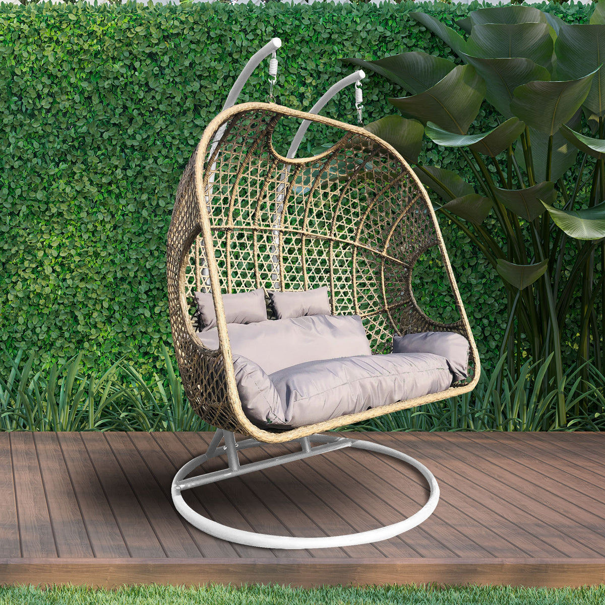 Arcadia 2-Seater Egg Chair Wicker Rattan - Brown and Grey