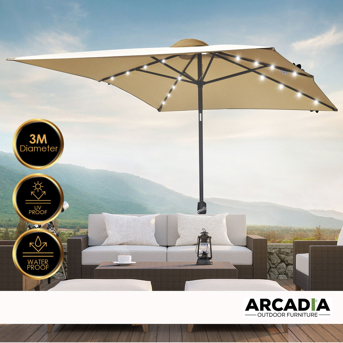 Arcadia 3m Furniture Umbrella with Solar LED Lights - Beige