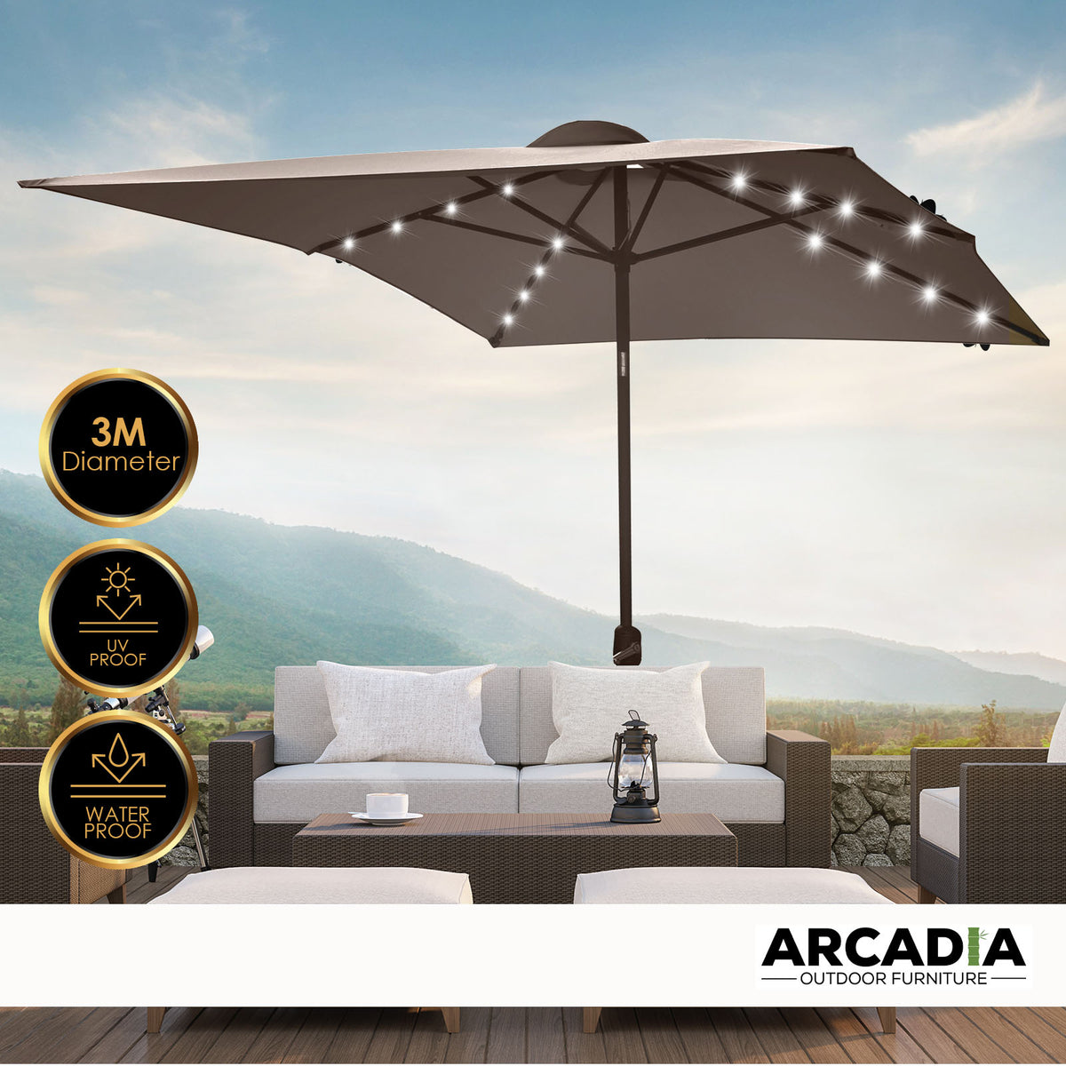 Arcadia 3m Furniture Umbrella with Solar LED Lights - Charcoal