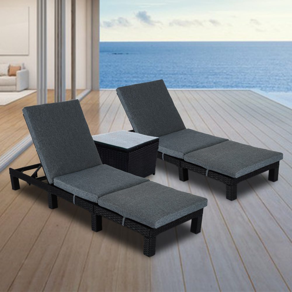 Black Rattan Sun Lounge Set with Joining Coffee Table