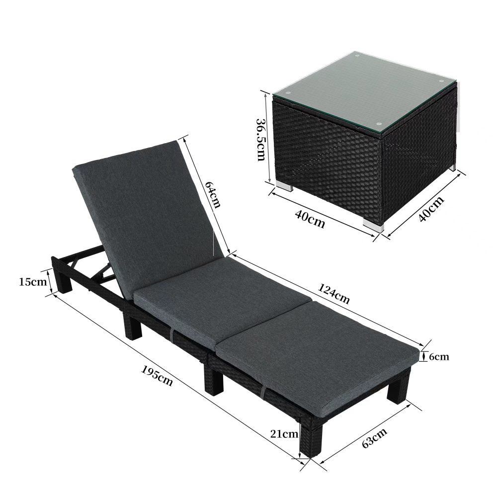 Black Rattan Sun Lounge Set with Joining Coffee Table