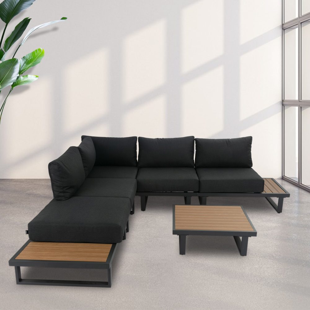 Modern 6pcs Lounge Set with Slatted Polywood Design Tables