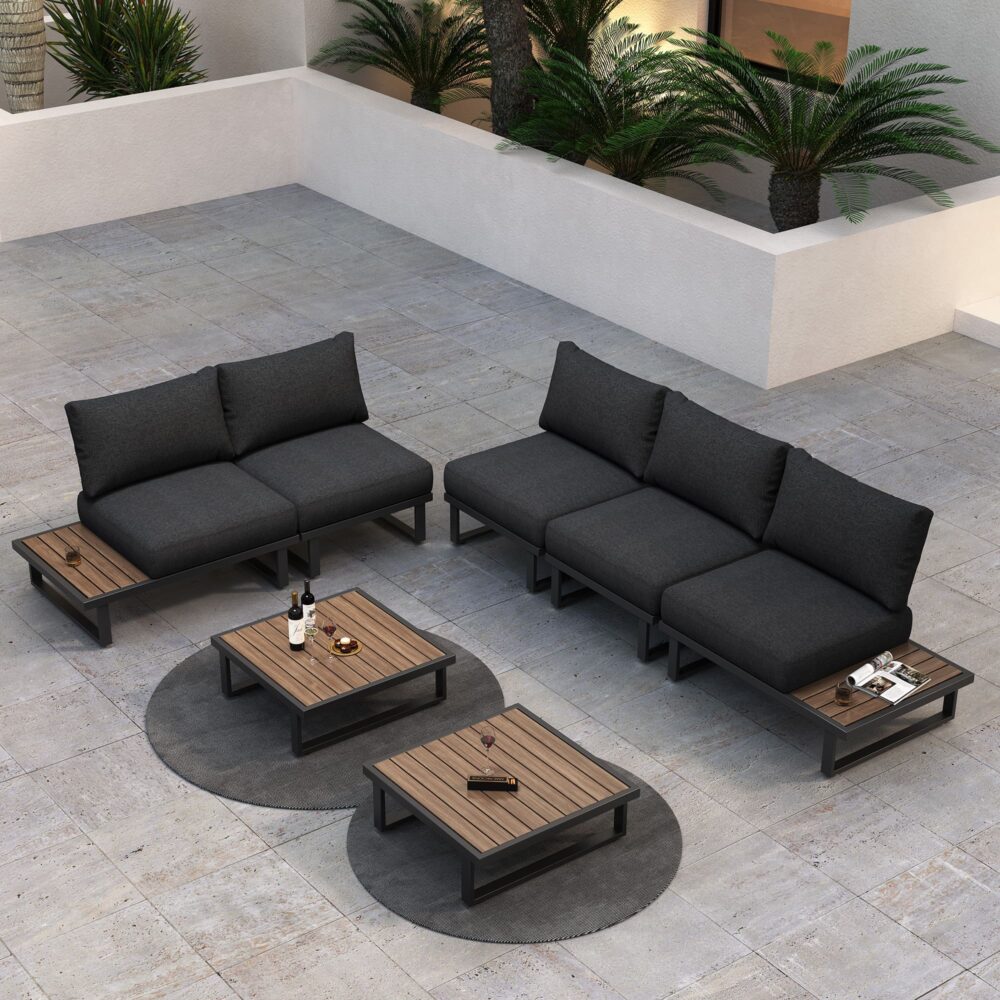 Modern 7pcs Lounge Set with Slatted Polywood Design Tables