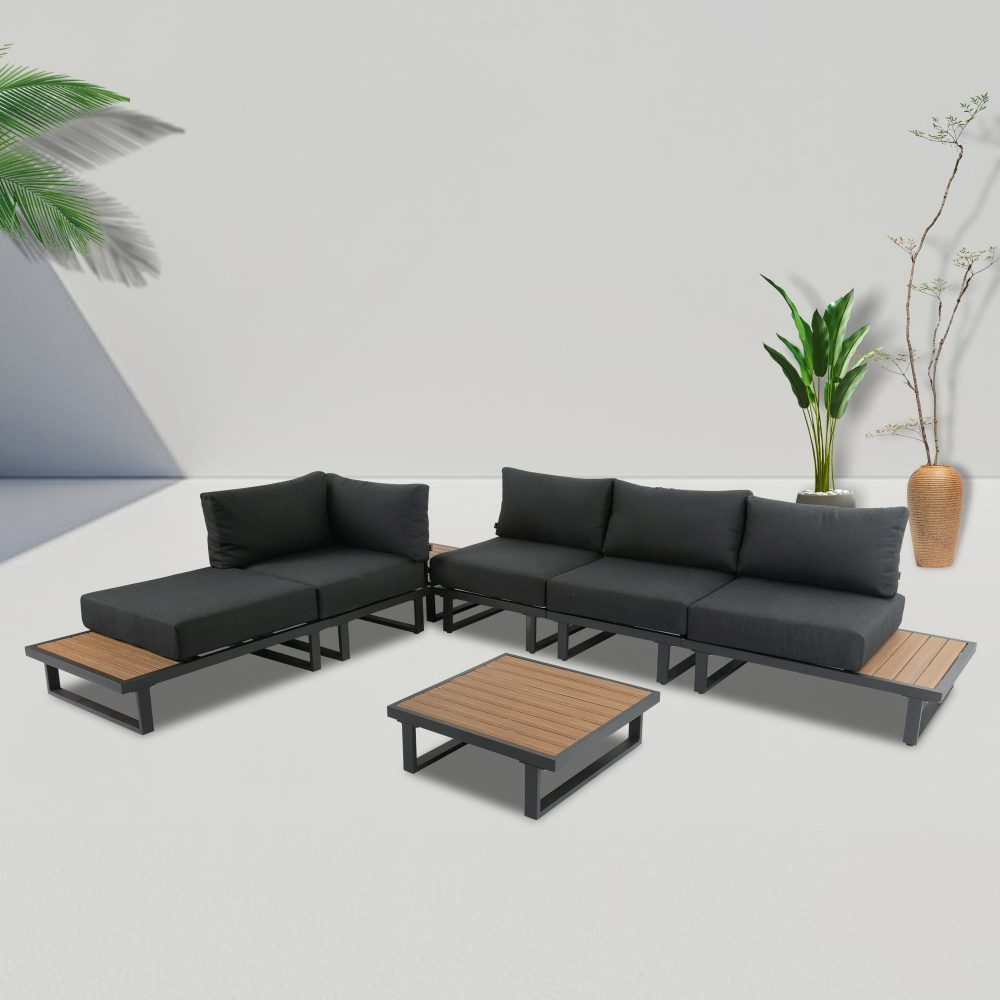 Modern 7pcs Lounge Set with Slatted Polywood Design Tables