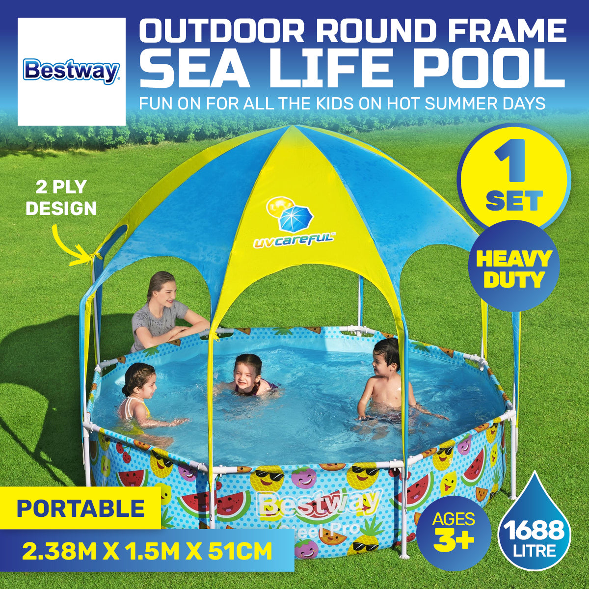 Bestway 2.38 x 1.5m Kids Above Ground Pool &amp; UV Protected Canopy 1688 Litre