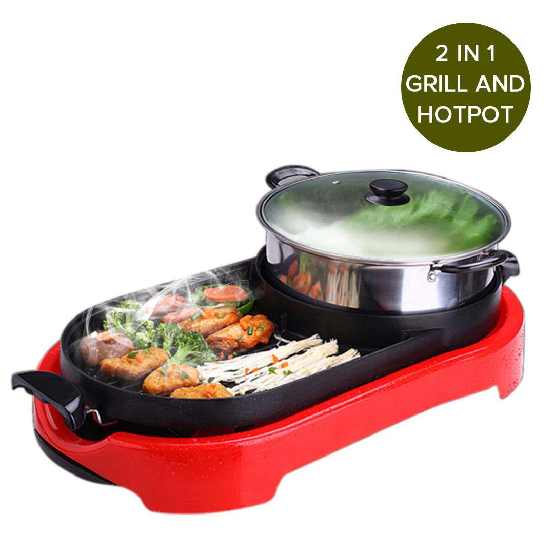 SOGA 2X 2 in 1 BBQ Electric Pan Grill Teppanyaki Stainless Steel Hot Pot Steamboat Red