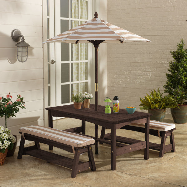 Outdoor Table &amp; Bench Set with Cushions &amp; Umbrella - Oatmeal &amp; White Stripes