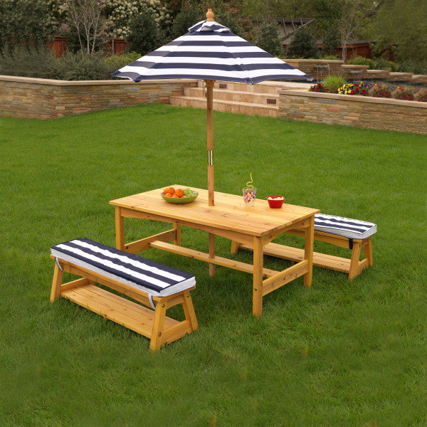 Outdoor Table &amp; Bench Set with Cushions &amp; Umbrella - Navy &amp; White Stripes