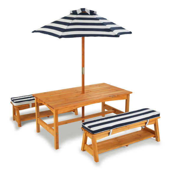 Outdoor Table &amp; Bench Set with Cushions &amp; Umbrella - Navy &amp; White Stripes
